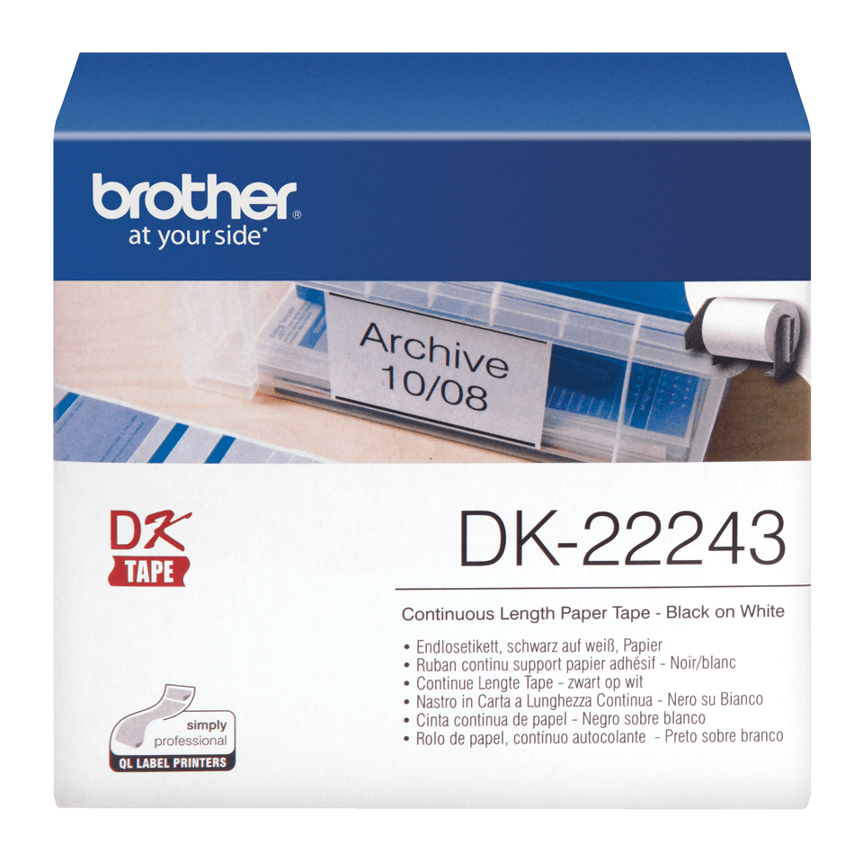 Oryginalna papierowa taśma ciągła DK-22243 firmy Brother – czarny nadruk na białym tle o szerokości 102mm 2